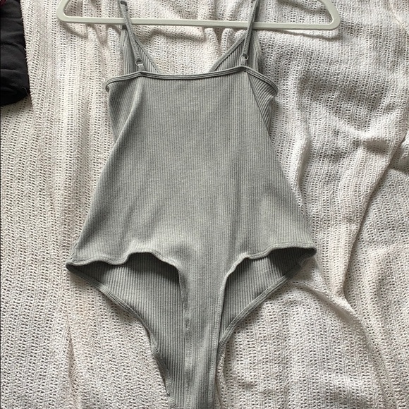Grey, ribbed material thong bodysuit - Picture 3 of 3